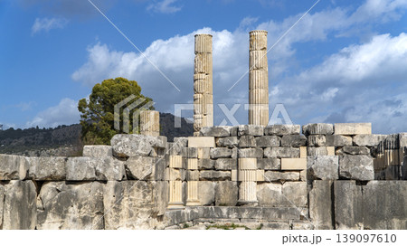 Ruins of the Letoon Temple with standing Ionic columns and massive stone walls, a UNESCO-listed Lycian sanctuary, historic Lycian ruins near city of Xanthos, Mugla, Turkey Ruins of the Letoon Temple with standing Ionic columns and massive stone walls, a UNESCO-listed Lycian sanctuary, historic Lycian ruins near city of Xanthos, Mugla, Turkey 139097610