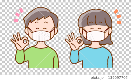 戴著口罩的孩子比劃「OK」手勢的插圖 | 感染預防與健康 139097705