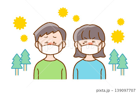 花粉症でマスク姿の子どものイラスト｜スギ花粉・ぐずぐず 139097707