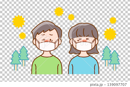 花粉症でマスク姿の子どものイラスト｜スギ花粉・ぐずぐず 139097707
