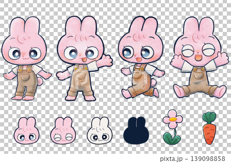 Set of stylized full-body raster illustrations of rabbits 139098858