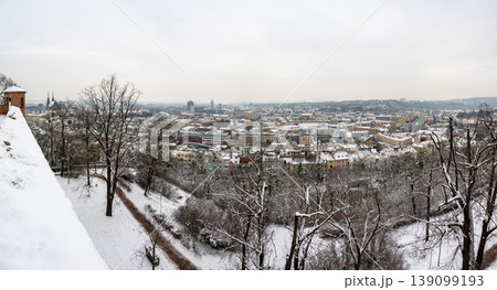 City Brno Czech Republic - Europe. View of buildings in the city center in winter. Snow and winter in the surrounding nature. City Brno Czech Republic - Europe. View of buildings in the city center in winter. Snow and winter in the surrounding nature. 139099193