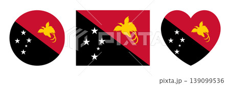 Flag of Papua New Guinea circle, heart, rectangle badge, sticker. National Papua New Guinea flag icon, button in rectangular, round, heart shape. Civil flag Papua New Guinea, state ensign banner sign. Flag of Papua New Guinea circle, heart, rectangle badge, sticker. National Papua New Guinea flag icon, button in rectangular, round, heart shape. Civil flag Papua New Guinea, state ensign banner sign. 139099536