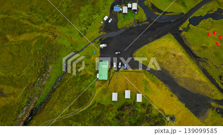 Aerial View of Rural Iceland with Settlement and Volcanic Paths Aerial View of Rural Iceland with Settlement and Volcanic Paths 139099585
