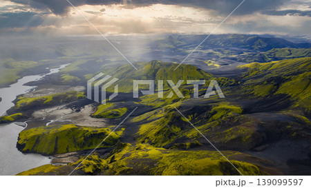 Aerial View of Iceland's Volcanic Landscape with River and Moss 139099597