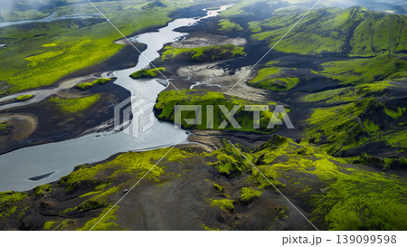 Aerial View of Iceland's Volcanic Landscape with Winding River Aerial View of Iceland's Volcanic Landscape with Winding River 139099598