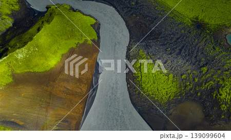 Aerial View of Winding River in Moss Covered Icelandic Landscape Aerial View of Winding River in Moss Covered Icelandic Landscape 139099604