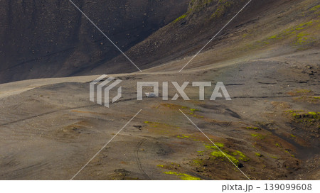 Aerial View of Volcanic Landscape with Vehicle in Iceland 139099608