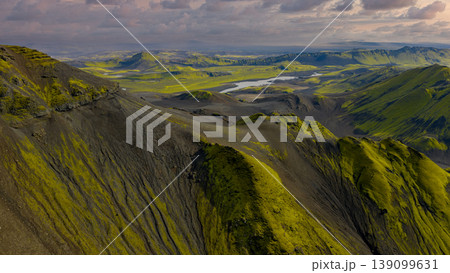 Aerial View of Iceland's Moss Covered Volcanic Landscape and Rivers Aerial View of Iceland's Moss Covered Volcanic Landscape and Rivers 139099631