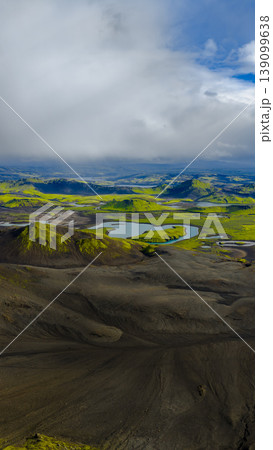 Aerial View of Volcanic Terrain and Moss Covered Hills in Iceland 139099638