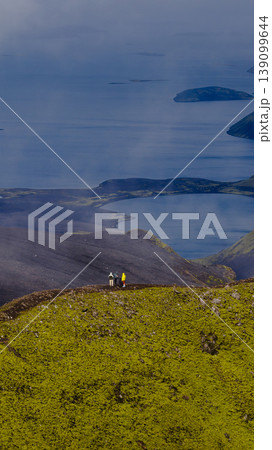 Aerial View of Icelandic Moss Covered Hill and Volcanic Terrain 139099644