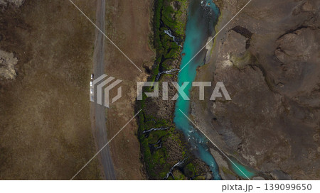 Aerial View of Turquoise River and Mossy Terrain in Iceland Aerial View of Turquoise River and Mossy Terrain in Iceland 139099650