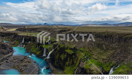 Aerial View of Icelandic Canyon with Waterfalls and Turquoise River Aerial View of Icelandic Canyon with Waterfalls and Turquoise River 139099653