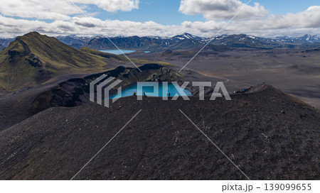 Aerial View of Volcanic Crater Lake and Rugged Terrain in Iceland 139099655