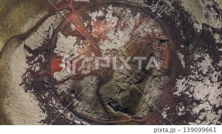 Aerial View of a Volcanic Crater with Distinct Color Contrasts in Iceland Aerial View of a Volcanic Crater with Distinct Color Contrasts in Iceland 139099661