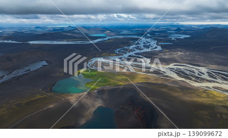 Aerial View of Braided Rivers and Volcanic Landscape in Iceland 139099672