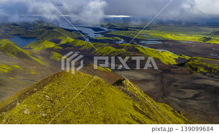 Aerial View of Iceland's Volcanic Landscape with River and Lake Aerial View of Iceland's Volcanic Landscape with River and Lake 139099684
