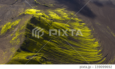 Aerial View of Volcanic Landscape with Green Moss in Iceland Aerial View of Volcanic Landscape with Green Moss in Iceland 139099692