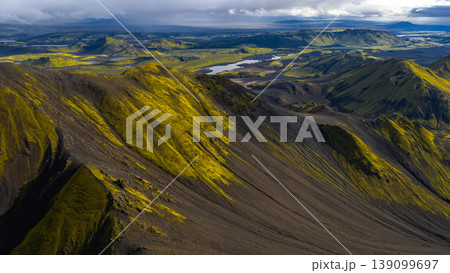 Aerial View of Iceland's Volcanic Landscape with Moss and River Aerial View of Iceland's Volcanic Landscape with Moss and River 139099697