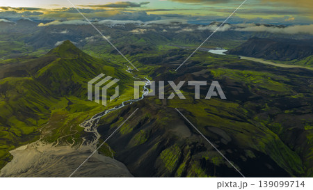 Aerial View of Iceland's Volcanic Landscape with River and Peaks Aerial View of Iceland's Volcanic Landscape with River and Peaks 139099714