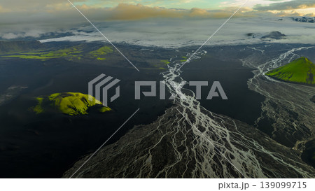 Aerial View of Iceland's Volcanic Plains, Rivers, and Glacier Aerial View of Iceland's Volcanic Plains, Rivers, and Glacier 139099715