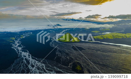 Aerial View of Green Hill, Volcanic Plains, and Glacial Rivers in Iceland 139099718