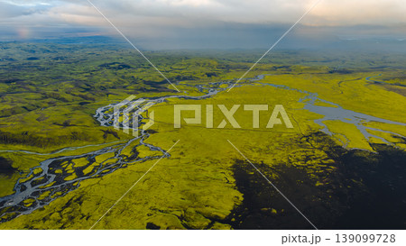 Aerial View of Moss Covered Volcanic Landscape and Rivers in Iceland Aerial View of Moss Covered Volcanic Landscape and Rivers in Iceland 139099728