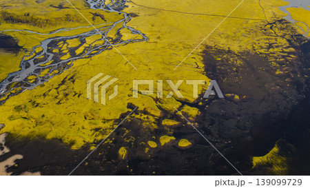 Aerial View of Moss Covered Volcanic Landscape with Rivers in Iceland 139099729