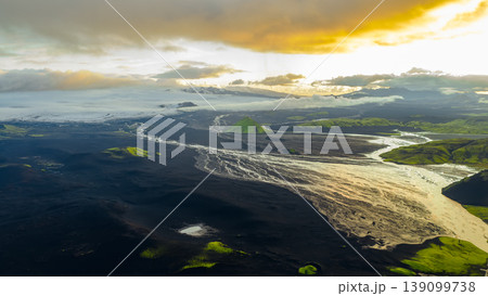 Aerial View of Iceland's Volcanic Landscape with Glacier and River Aerial View of Iceland's Volcanic Landscape with Glacier and River 139099738