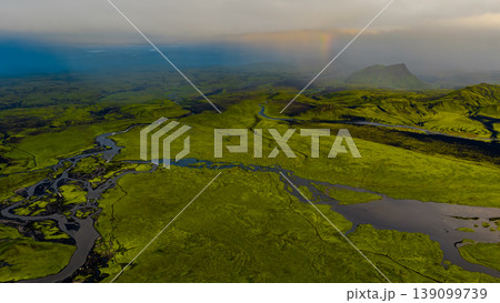 Aerial View of Iceland's Moss Covered Terrain and Volcanic Hill Aerial View of Iceland's Moss Covered Terrain and Volcanic Hill 139099739