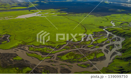 Aerial View of Braided Rivers and Moss Covered Plains in Iceland Aerial View of Braided Rivers and Moss Covered Plains in Iceland 139099750