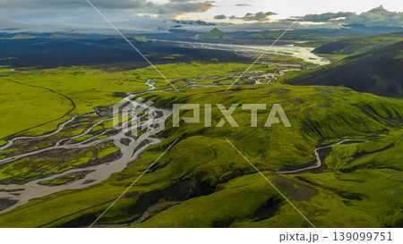 Aerial View of Iceland's Braided Rivers and Triangular Mountain 139099751