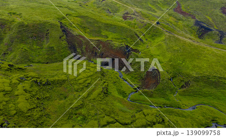 Aerial View of Lush Green Volcanic Landscape in Iceland Aerial View of Lush Green Volcanic Landscape in Iceland 139099758