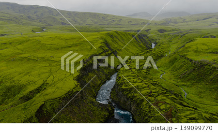 Aerial View of a Moss Covered Canyon with a Winding River in Iceland 139099770