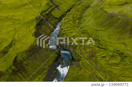 Aerial View of a Narrow Canyon with River in Iceland 139099771