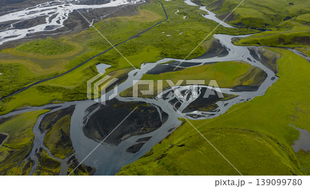 Aerial View of Braided River and Volcanic Landscape in Iceland 139099780