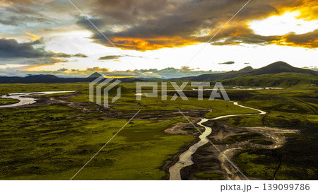 Aerial View of Iceland's Rivers, Moss Covered Terrain, and Volcanic Hills Aerial View of Iceland's Rivers, Moss Covered Terrain, and Volcanic Hills 139099786