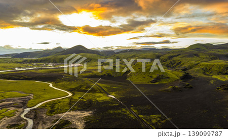 Aerial View of Iceland's Volcanic Landscape at Sunset 139099787