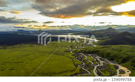 Aerial View of Iceland's Braided Rivers and Volcanic Landscape at Sunrise Aerial View of Iceland's Braided Rivers and Volcanic Landscape at Sunrise 139099788