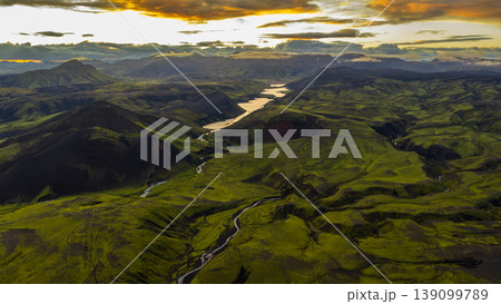 Aerial View of Iceland's Volcanic Landscape with Lake and Rivers Aerial View of Iceland's Volcanic Landscape with Lake and Rivers 139099789