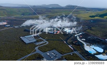 Aerial View of Geothermal Power Plant in Volcanic Icelandic Landscape Aerial View of Geothermal Power Plant in Volcanic Icelandic Landscape 139099869