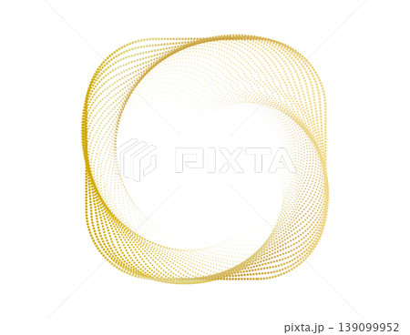 Golden abstract spiral lines form geometric square patterns with dotted textures ideal for contemporary graphic designs, tech backgrounds, and vibrant digital artwork compositions. 139099952