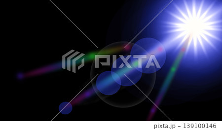Blue lens flare on black background with glowing circles and colorful beams, abstract light effect for overlays, digital design and visual compositions. 139100146