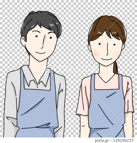 身穿圍裙的男女工作人員插圖；與護理、兒童保育和餐飲服務有關。 139100237
