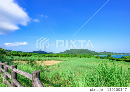 青空と緑の草原の向こうにエメラルドの海が広がる石垣島の爽やかな夏絶景 139100347