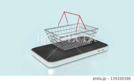 Online Shopping Concept With Wire Basket On Smartphone Screen 3d render. Online Shopping Concept With Wire Basket On Smartphone Screen 3d render. 139100386