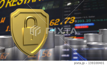 Secure Financial Protection Concept with Lock and Coins 3d render. Secure Financial Protection Concept with Lock and Coins 3d render. 139100401