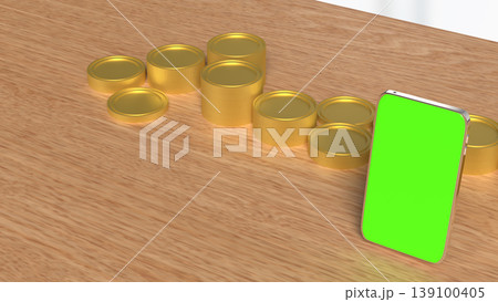 Mobile Banking and Investment Concept with Smartphone Green Screen and Gold Coins 3d render. Mobile Banking and Investment Concept with Smartphone Green Screen and Gold Coins 3d render. 139100405