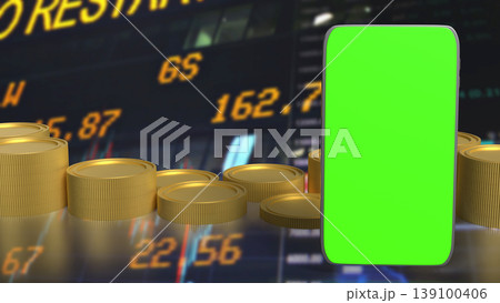 Mobile Trading and Investment Concept with Smartphone Green Screen and Financial Market Background 3d render. 139100406