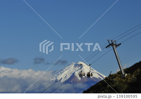 Teleferico cable cars ascending mount rucu pichincha with cotopaxi volcano Teleferico cable cars ascending mount rucu pichincha with cotopaxi volcano 139100595